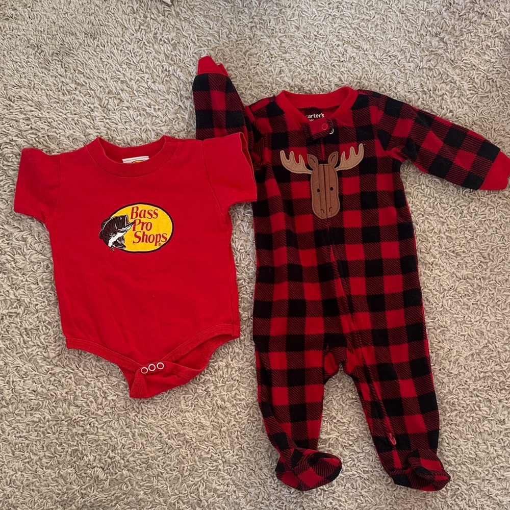 Carter's Red and Black Plaid Moose Bodysuit & Bass Pro Shops 3-6 months Set